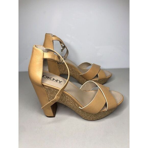 DKNY Natural Brown Leather Peep Toe Strap Dress High Heels Women’s sz 9M US/40EU - Picture 2 of 16